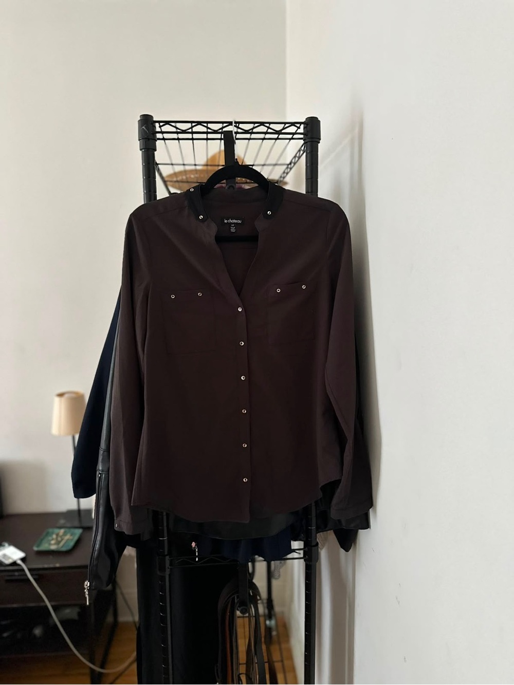 Le château Dark Brown Snap-Front Button Blouse